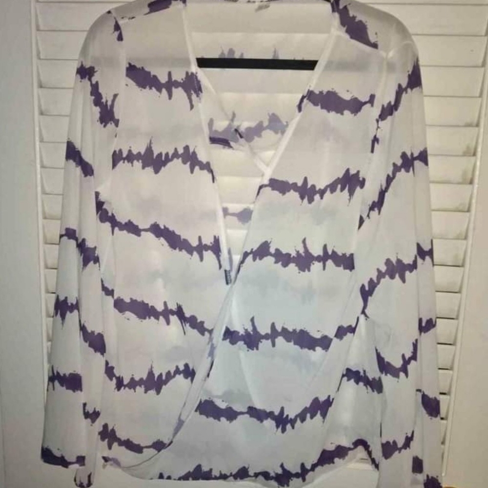 Dressy White and Purple sheer faux wrap blouse